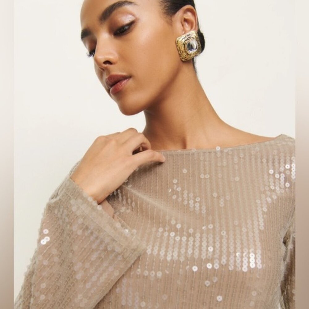 NWT Reformation Sereia Mini Dress in Champagne Sequin Long Sleeve | size M - Picture 3 of 14
